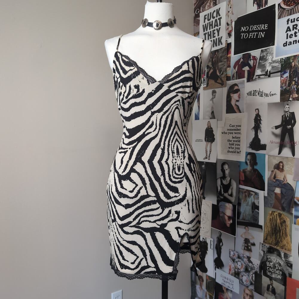 Zebra Print Lace Trim Slip Dress